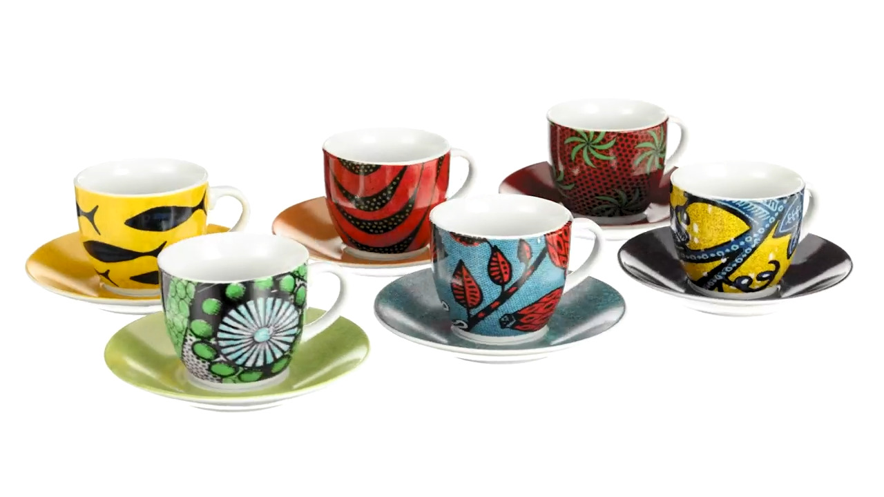 Tazzine caffe' con piattino, serie Afrika, set 6 pezzi, multicolore cod.62714